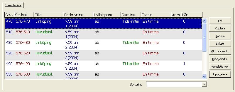 Markera ett tidskriftsexemplar i exemplarlistan (i den övre rutan) som hör till den volym som man vill binda.