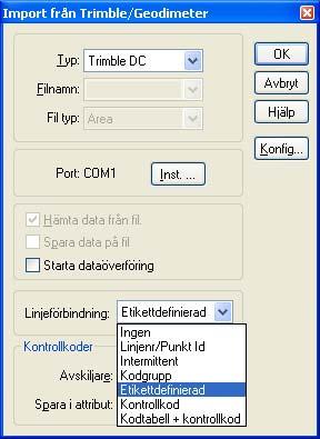 Import/export meny Vid import av mätdata från instrument till ritningen/mätdata finns linjeförbindning kodtabell + kontrollkod. Läs mer under Redigera kodtabell.