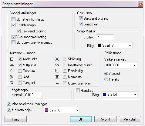 Verktygsbox Valda element En dialog som visar hur många element som är valda vid det aktuella tillfället. Snappinställningar 3D rätvinklig snapp För att snappa i tre dimensioner.