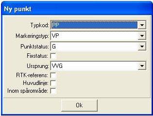 Järnväg För nya punkter anges typkod, markeringstyp, punktstatus och ursprung.