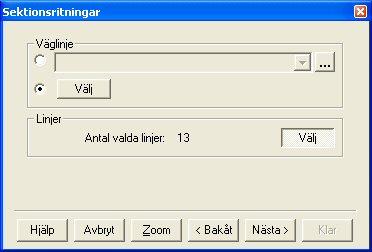 Utdata Gör så här: 1. Välj alternativet "Välj linjer" (medelberäknad sektion). Klicka nästa. 2. Ange väglinje, eller peka på en inmätt väglinje i ritningen 3.