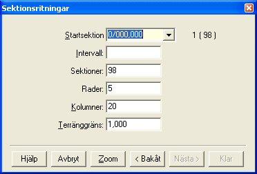 Utdata Sektioner Under Sektioner anger du vilka sektioner du vill placera i ritningen. Startsektion Ange den första sektionen som du vill utgå ifrån i din sektionsritning.