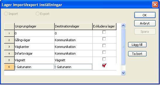 Följande dialog öppnas: I tabellen går det att ange hur lagernamnen ska översättas vid import och export.