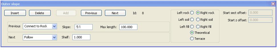 Standardinställningar för dessa värden är: Bergskärning: 5:1 Jordskärning: 1:3 Fyllskärning: 1:3 Berghylla: 1 m En komplett sektionsmall ska ha ytterslänter definierade för berg, jord och fyll på