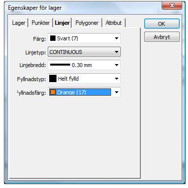Databaser Linje/polygonfliken Stilsättning för linjer samt polygoner. Attributfliken Konfiguration av vilka attribut som ska läggas på varje objekt i lagret.