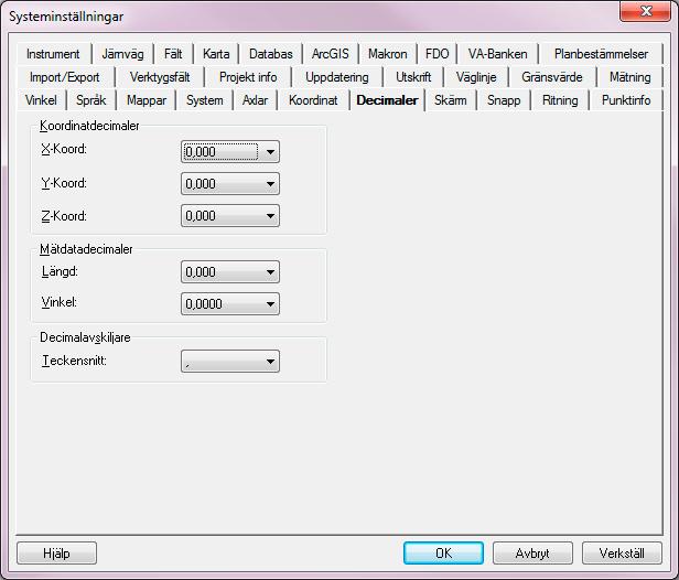 Topocad 13 manual Decimaler Arkiv Inställningar Systeminställningar - Decimaler Arkiv Inställningar Projektinställningar - Decimaler Under decimaler ställs antalet decimaler in på koordinater,