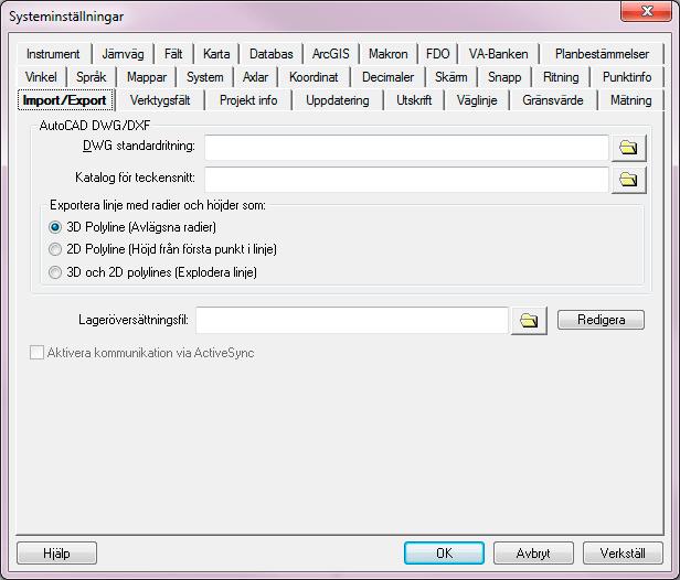 Topocad 13 manual Import /Export Arkiv Inställningar Systeminställningar - Import/Export Denna inställningsmöjlighet underlättar för överföring av ritningar till och från DXF respektive DWGformat.