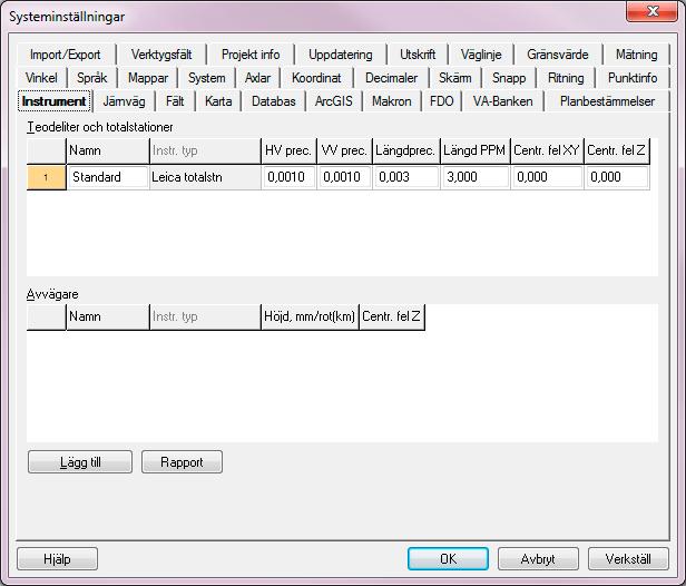 Inställningar Instrument Arkiv Inställningar Systeminställningar - instrument Här anger du de instrument du använder och de noggrannheter