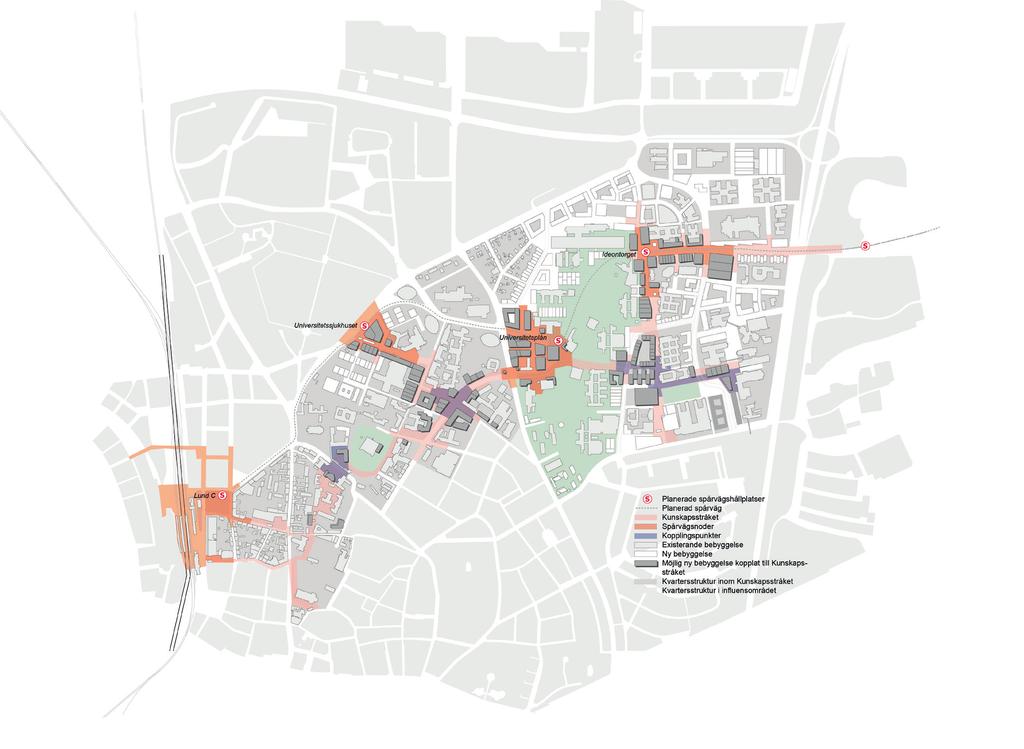 Kunskapsstråket, illustrationsplan Stadsbyggnadskontoret Lund Helhet Kunskapsstråket löper genom ett historiskt spektrum av kunskapsmiljöer från Lunds historiska centrum genom Ideons