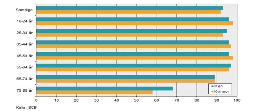 År 2010 var det 58 procent av personer mellan 65-74 år som hade internettillgång.