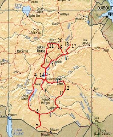 Etiopien Resrutt och lokaler: 1. Lake Ziway; 2. Lake Langano; 3. Wondo Genet; 4. Lake Bojo; 5. Konsho; 6. Yabello; 7. Magado; 8. Babela Forest; 9. Liben Plain; 10. Genale River; 11.
