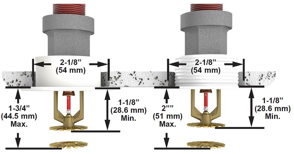 med Model F-1 justerbar bricka Figur 3: Sprinklermått med standardbricka och Model F-1 justerbar bricka Storlek på taköppning: Min 59