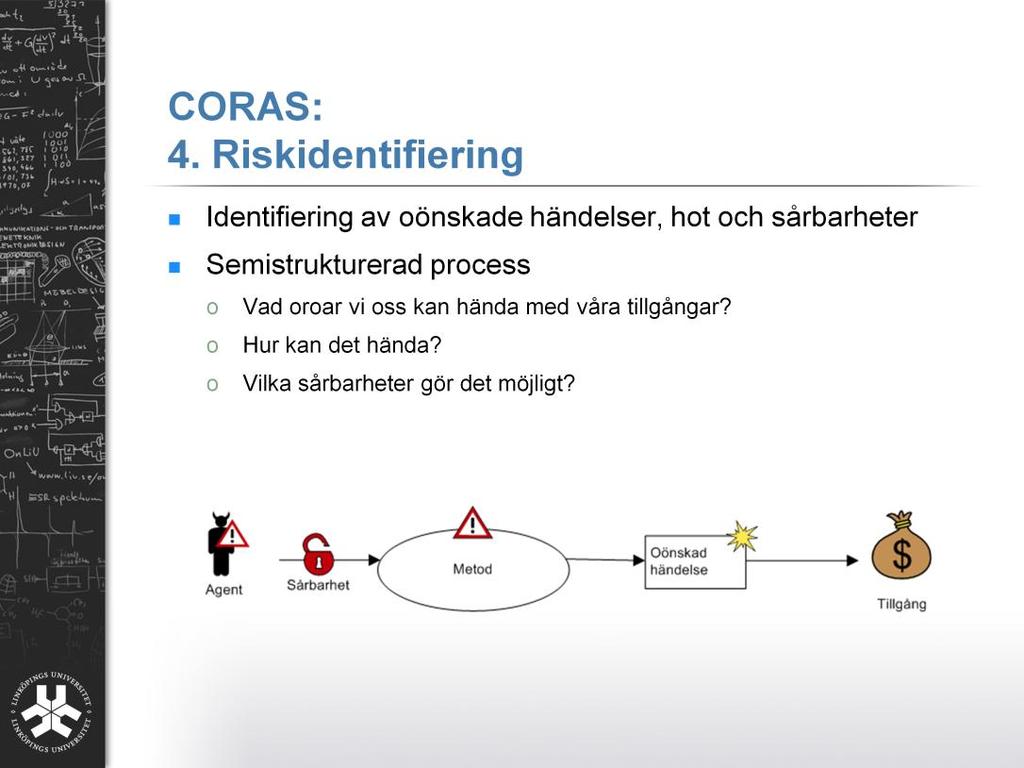 I steg fyra påbörjas processen med att faktiskt identifiera olika oönskade händelser, vilka hotscenarion som kan leda till dem och vilka sårbarheter som möjliggör för hotscenariona.