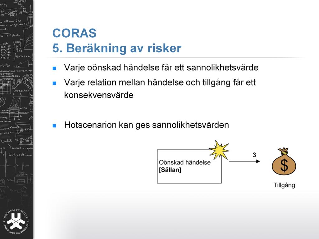 När alla kedjor av hot, sårbarheter, scenarion och oönskade händelser har etablerats och man anser sig klar med den delen så kommer man till steg 5 som handlar om att göra scenariona till faktiska