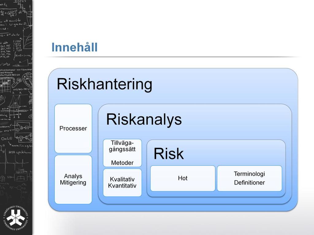 Det finns i stora drag tre områden som kommer tas upp i föreläsningen: Terminologi och definitioner av risk och hot, riskanalys och de olika metoderna som finns, samt riskhantering