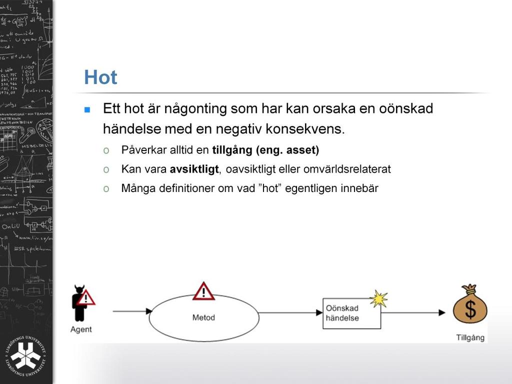 Ett hot är enkelt sagt någonting som kan orsaka en oönskad händelse med negativ konsekvens. Vad som alltid är sant för ett hot är att det påverkar en tillgång (eng.