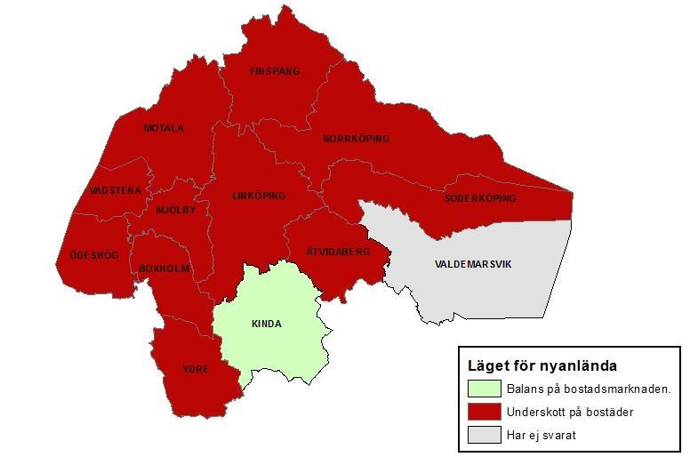 Karta 5. Nuvarande bostadsmarknadsläget. Källa: BME 2017 Majoriteten av kommunerna i Östergötland har uppgett att bostadsmarknadsläget för nyanlända är i obalans, ett underskott på bostäder existerar.