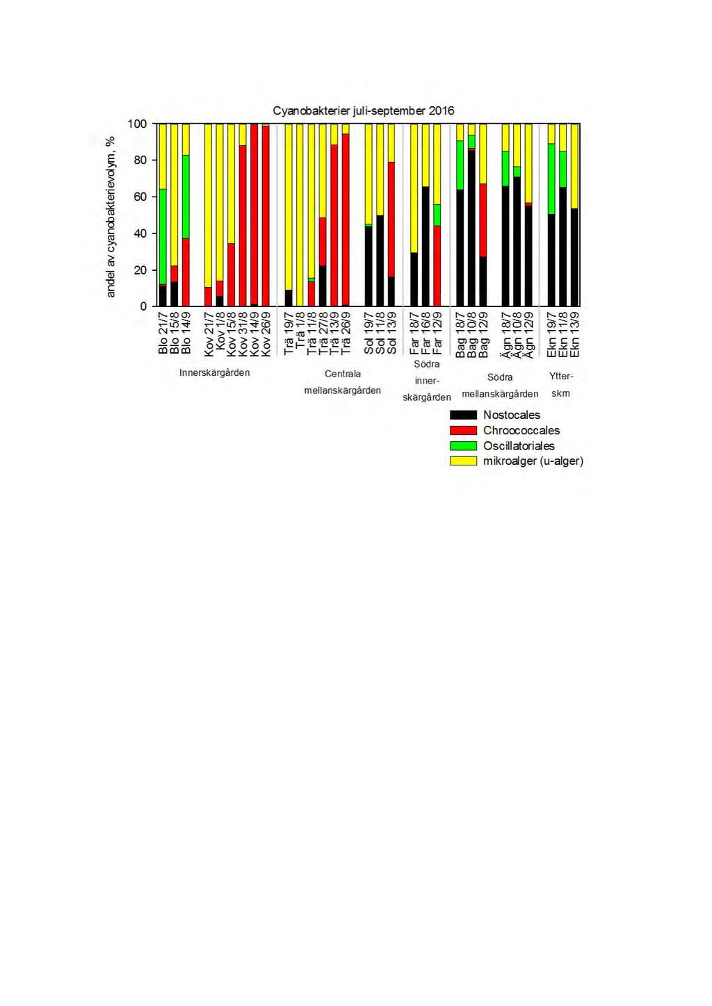 Undersökningar i Stockholms skärgård 2016 Bilaga B Plankton Figur 9. Biovolym av cyanobakterier vid samtliga stationer juli september 2016. Stationernas namn följer samma förkortningar som i figur 1.