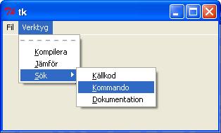 fortsättning på menykod. # Skapa en undermeny till sökalternativet searchmenu = Menu(tools, tearoff=0) searchmenu.add_command(label='källkod', command = notimplemented, underline=0) searchmenu.