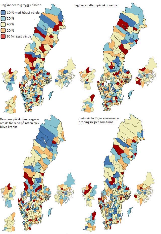 Diagram 22 Geografisk spridning av resultat för medelvärdet för fyra påståenden. Indelning efter 1:a, 3:e,7:e och 9:e decilen.