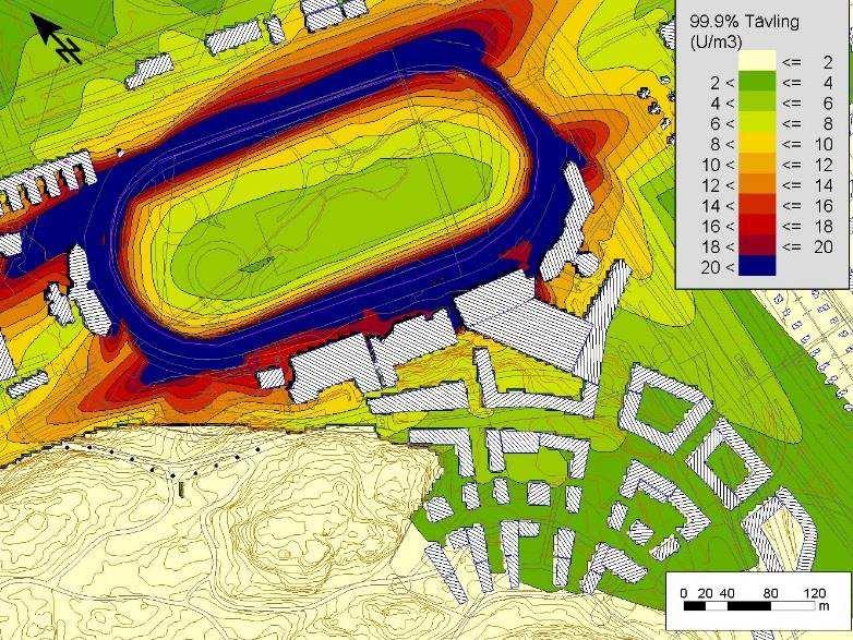 a) b) Figur 4 Scenario A (tävling): Hästallergenhalten (U/m³) angivet som a) 99-percentilen av medelvärdet för timme för ett år, b) 99,9-percentilen av medelvärdet för timme för ett år.