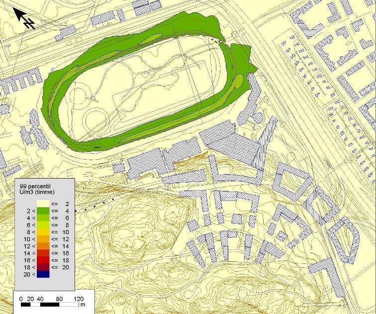 Uppskattning om spridning av hästallergen i omgivningsluft runt Solvalla travanläggning 13 a) b) Figur 5 Scenario B (10 Ponnys): Hästallergenhalten (U/m³) angivet som a) 99- percentilen av