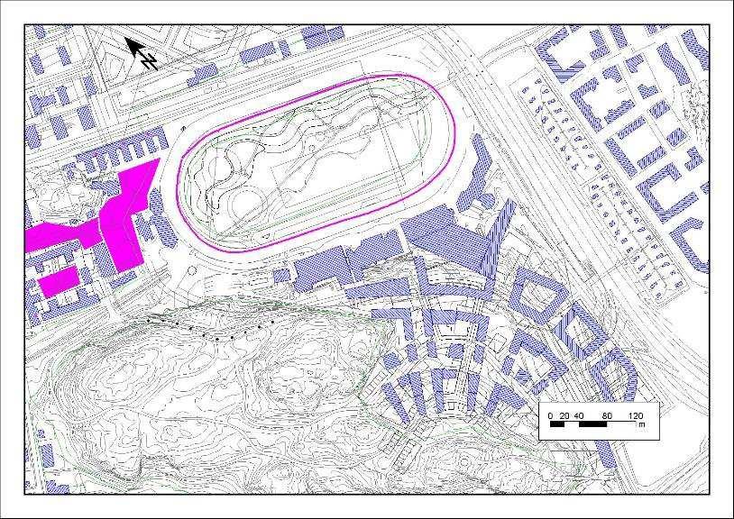 Uppskattning om spridning av hästallergen i omgivningsluft runt Solvalla travanläggning 9 Figur 1 Solvalla travbana i dagsläget. Väster om travbanan ligger stallområdet och ett antal hagar.