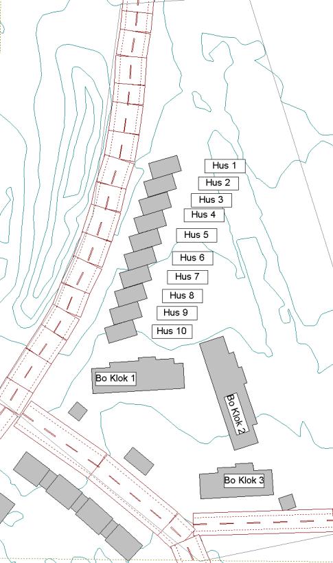 1 Förutsättningar Inom angivet planområde Östervång planeras bostäder. Två olika bostadsalternativ har studerats i denna utredning. En radhuslänga med 10 st.