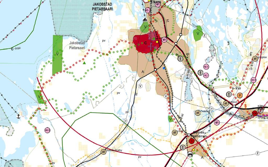 6 3.2 Österbottens landskapsplan 2030 Bild 5. Utdrag ur Österbottens landskapsplan 2030 (detaljplanområdets ungefärliga läge anvisas med blå cirkel).