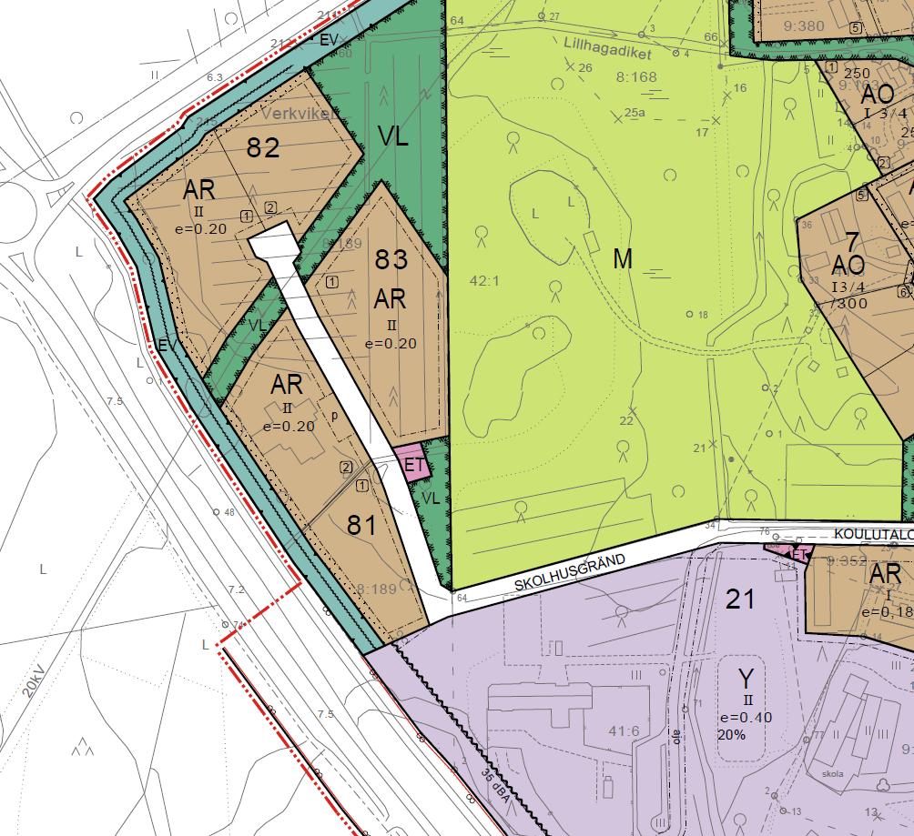 7 Området norr om detaljplanområdet är anvisat som kvartersområde för kopplade bostadshus (AR) och söder om detaljplanområdet finns Kyrkoby skolområde som i detaljplanen är reserverat för allmänna