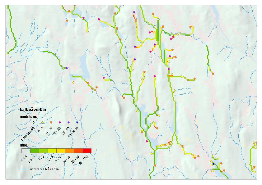 5) Resultatet blir in karta där man kan se hur kalciumhalten avtar ju längre nedströms kalkningsplatserna man kommer. Koncentrationen för en viss plats kan läsas av i rasterskiktet.