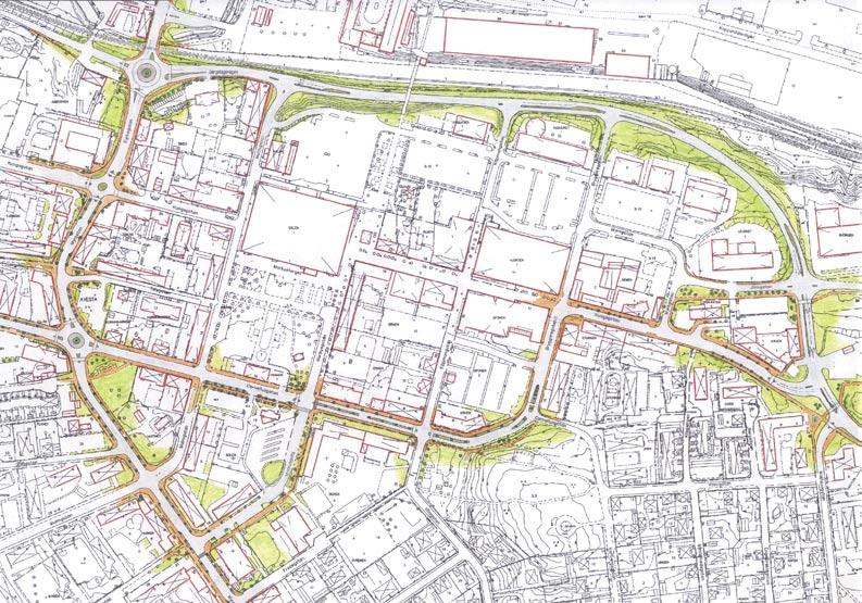 Ny cirkulation Omdragning och höjning av Bergslagsvägen Förändrat korsningsområde Ny tillfart till parkering Ombyggnad västra Kungsgatan Myrgatan, separerad GC-bana och