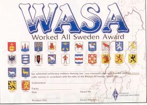 Diplom Worked All Sweden Award WASA The WASA will be issued to licenced radio amateurs for verified contacts with Swedish läns (counties) and call sign districts (0 7) made after January 1, 1988.