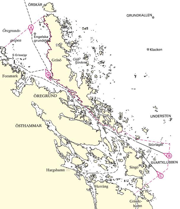 Bilaga 2 Rapporteringslinjer för VTS-område Öregrund Rapporteringsnamn Geografisk position Geografiskt läge Rapporteringslinje A ca 60 28,9'N 18 18,7'E (områdesgräns vid norra Öregrund)