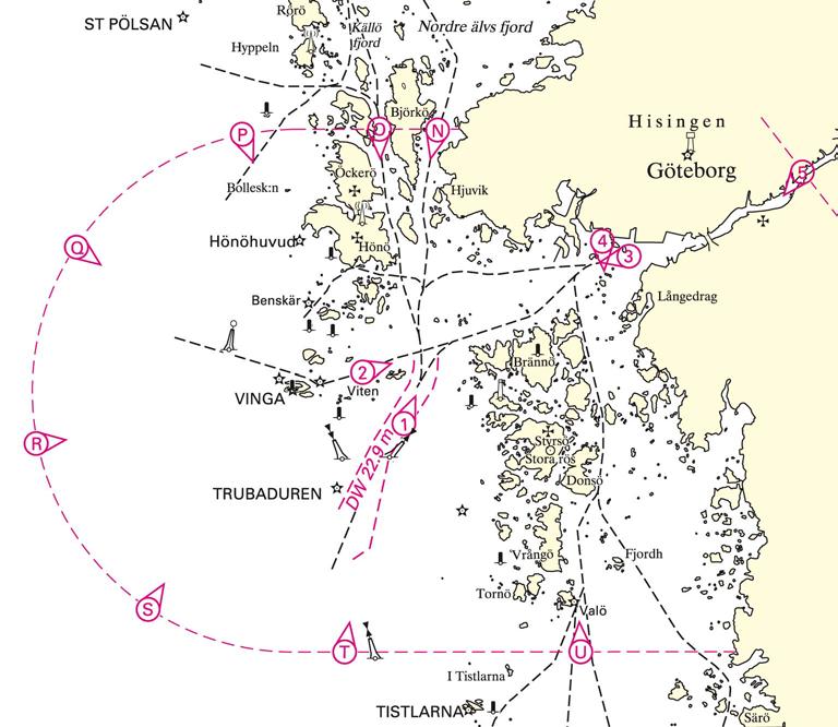 Bilaga 7 Rapporteringspunkter inom VTS-område Göteborg Rapporteringsnamn Geografisk position Geografiskt läge Rapporteringspunkt 1 (på nordgående) ca 57 37,17'N 11 40,85'E (Göteborg entrance)