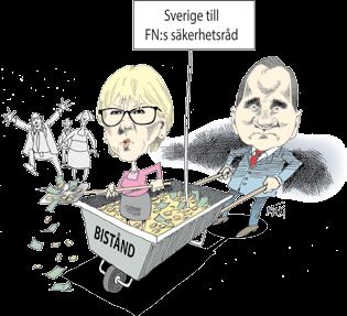 Svensk politik 2016 153 Platsen i FN:s säkerhetsråd var regeringens stora framgång 2016. Men det blev en dyr kampanj, bland annat bekostad av svenska biståndspengar. Teckning: Kjell Nilsson-Mäki.