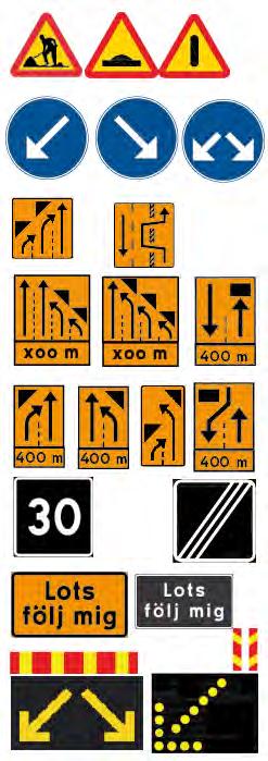Vägmärken på fordon I samband med vägarbete får följande vägmärken i minst storlek normal vara placerade på fordon: A9 Varning för farthinder, A20 Varning för vägarbete, A40 Varning