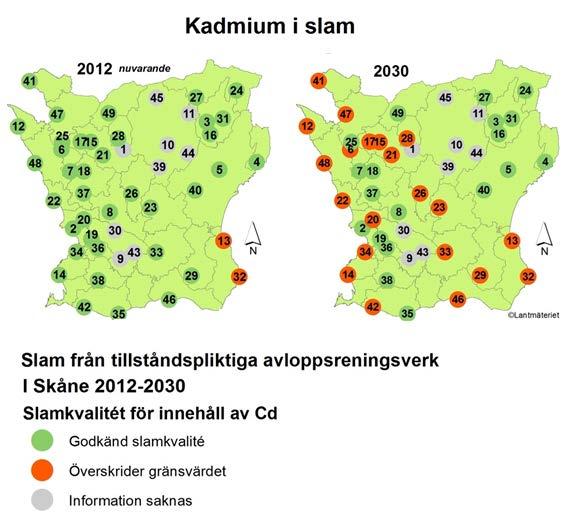 Figur 24. Avloppsreningsverk i Skåne som klarar nuvarande respektive NVs föreslagna gränsvärdet för kadmium med 2012 års nivåer.