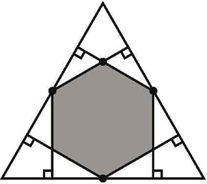 11. Från mittpunkterna på sidorna i en liksidig triangel dras sex vinkelräta linjer till triangelns sidor, se bild. Hur stor del av den ursprungliga triangelns area täcker den uppkomna hexagonen?