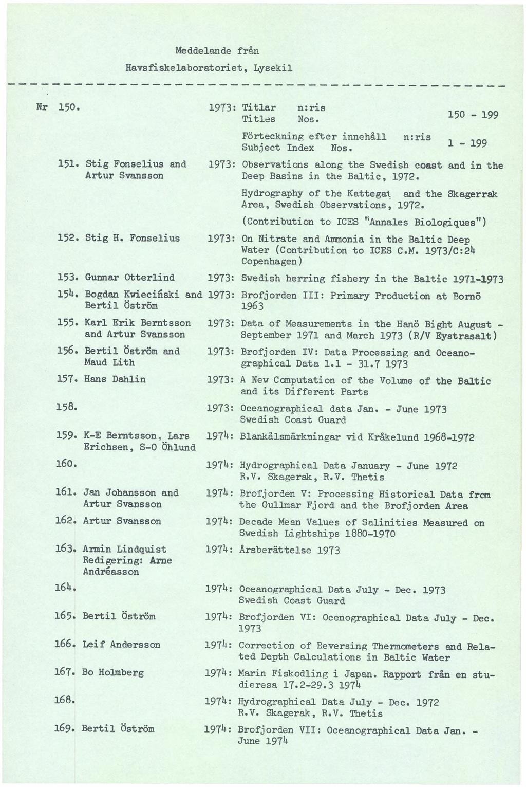 Meddelande från Havsfiskelaboratoriet, Lysekil Nr 150. 1973: Titlar n:ris Titles Nos. 150-199 Förteckning efter innehåll n:ris Subject Index Nos. 151.