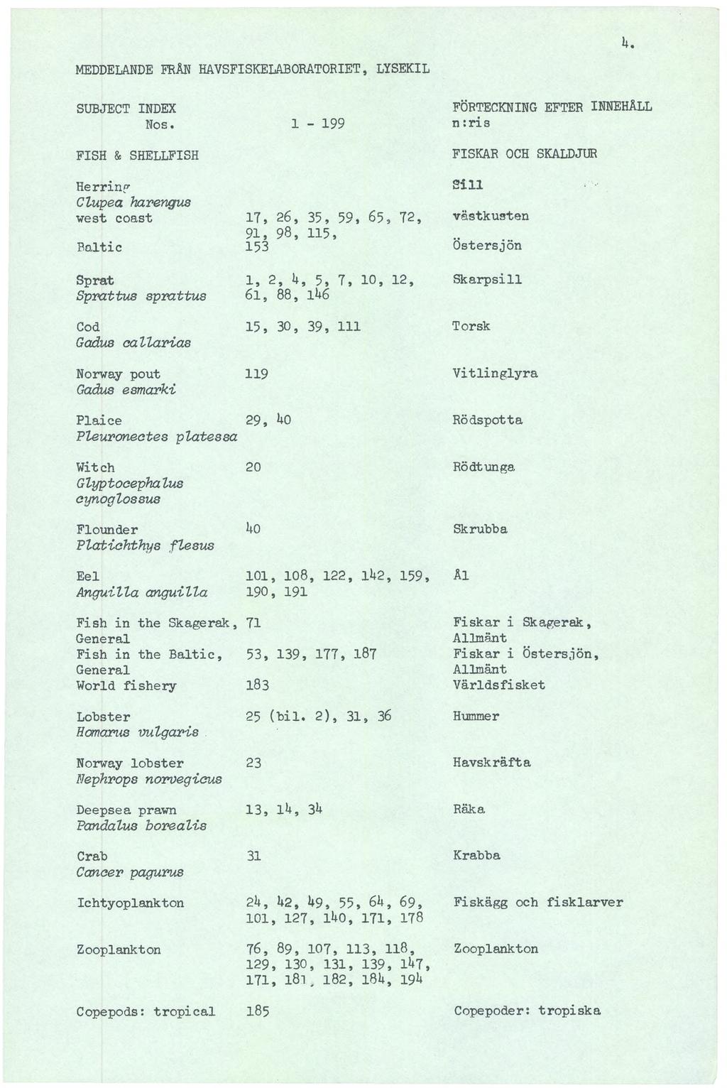 MEDDELANDE FRÄN HAVSFISKELABORATORIET, LYSEKIL SUBJECT INDEX Nos. 1-199 FISH & SHELLFISH 4.