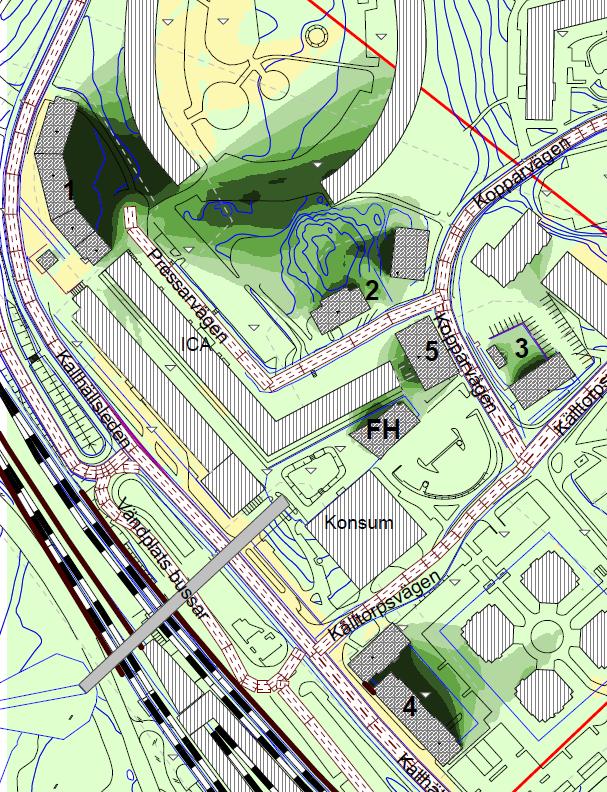 Sida 10 (11) Påverkan på befintliga bostäder Område 1 och 4 kommer att delvis skärma av buller från Mälarbanan och vid befintliga bostäder. Figur13.