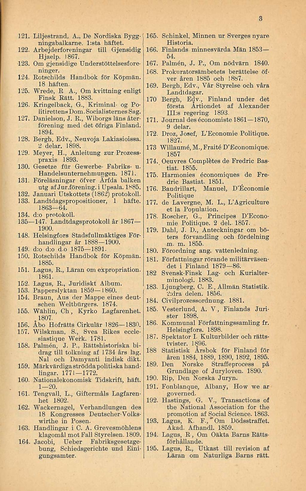 121 Liljestrand, A, De Nordiska Byggningabalkarne l:sta häftet 122 Arbejderforeningar tili Gjensidig Hjaelp 1867 123 Om gjensidige Understöttelsesforeninger 124 Rotschilds Handbok för Köpmän 18