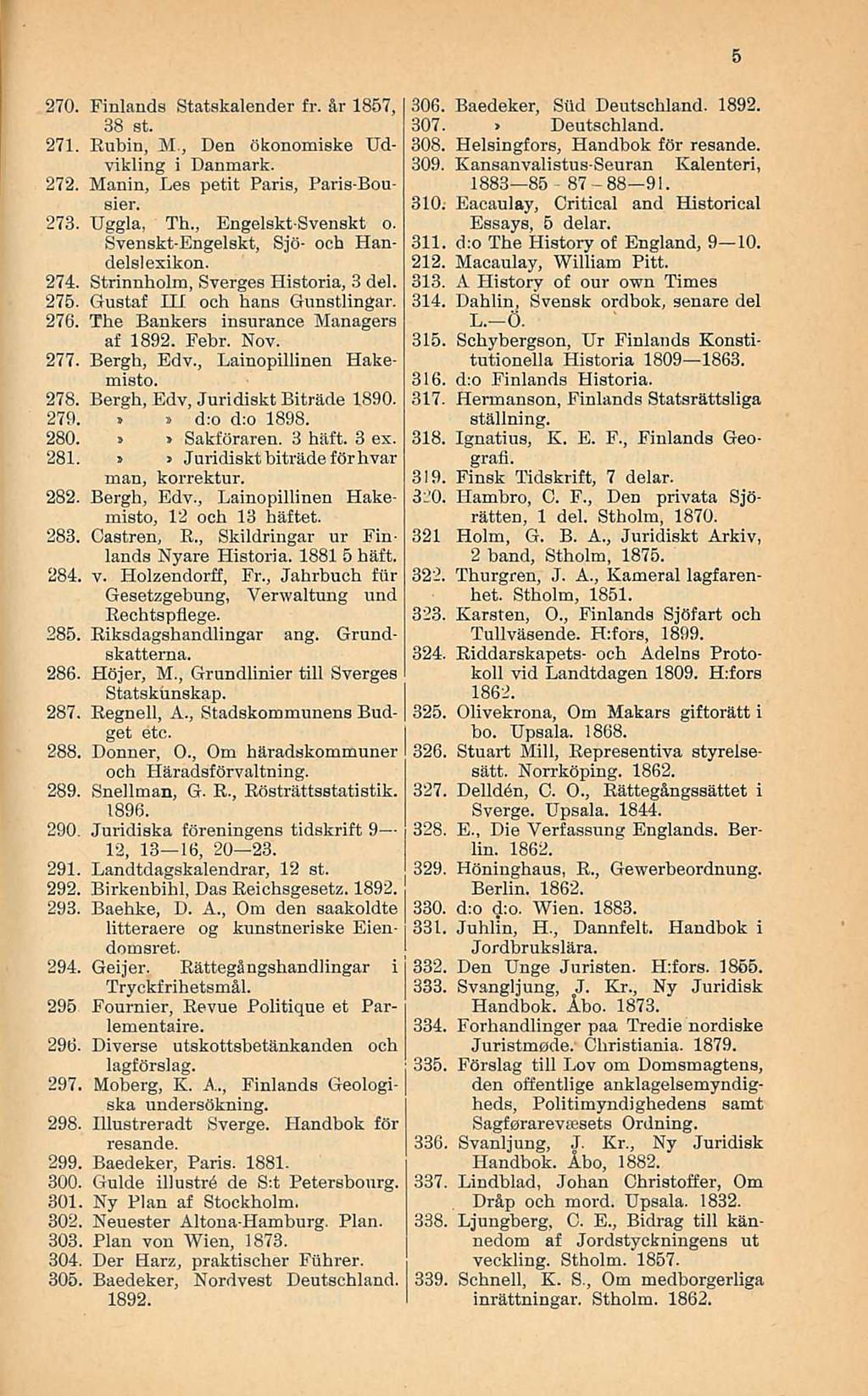 270 Finlands Statskalender fr &r 1857, 38 st 271 Rubin, M, Den ökonomiske Udvikling i Danmark 272 Manin, Les petit Paris, Paris-Bousier 273 Uggla, Th Engelskt-Svenskt o Svenskt-Engelskt, delslexikon