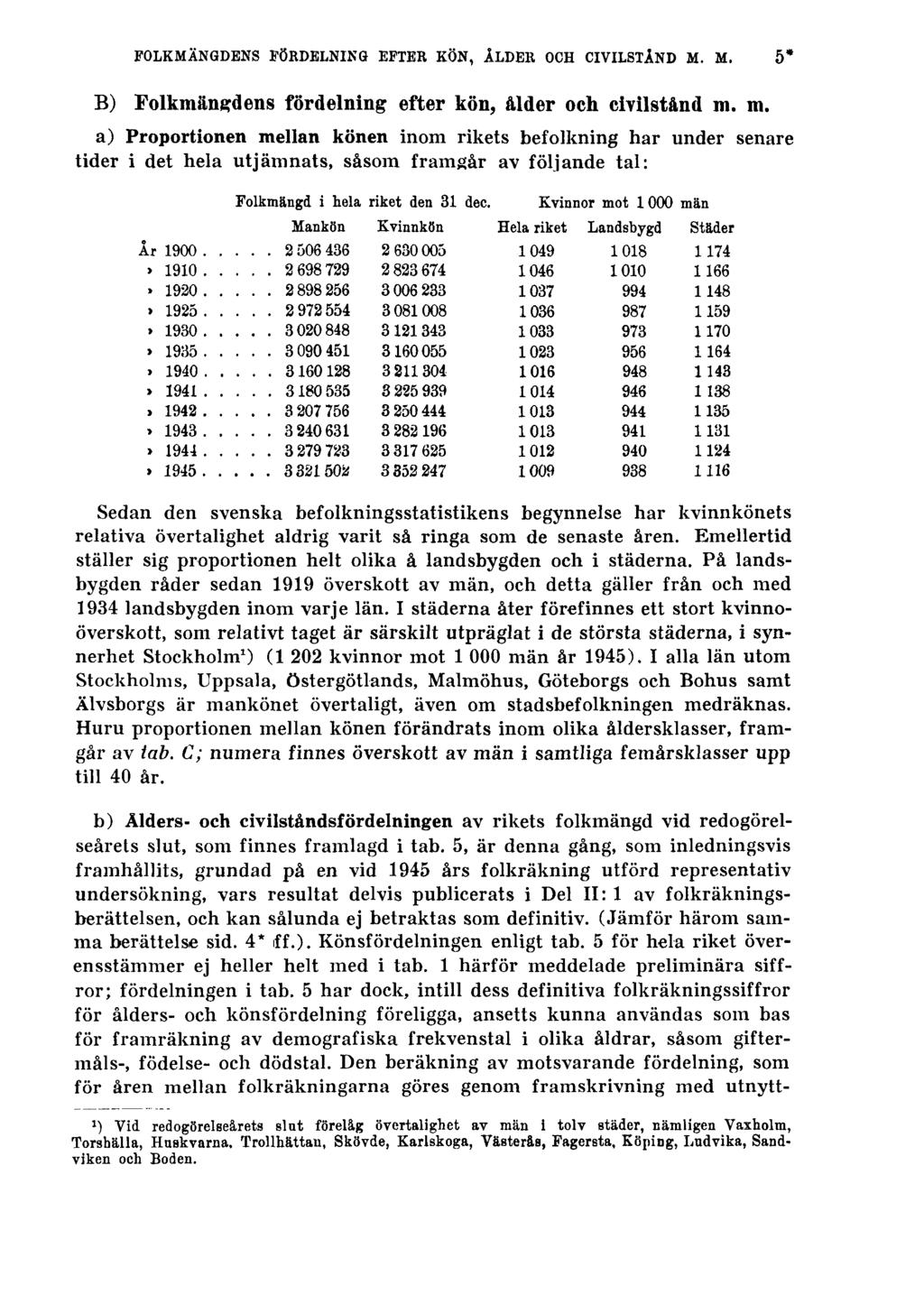 FOLKMÄNGDENS FÖRDELNING EFTER KÖN, ÅLDER OCH CIVILSTÅND M. M. 5* B) Folkmängdens fördelning efter kön, ålder och civilstånd m.