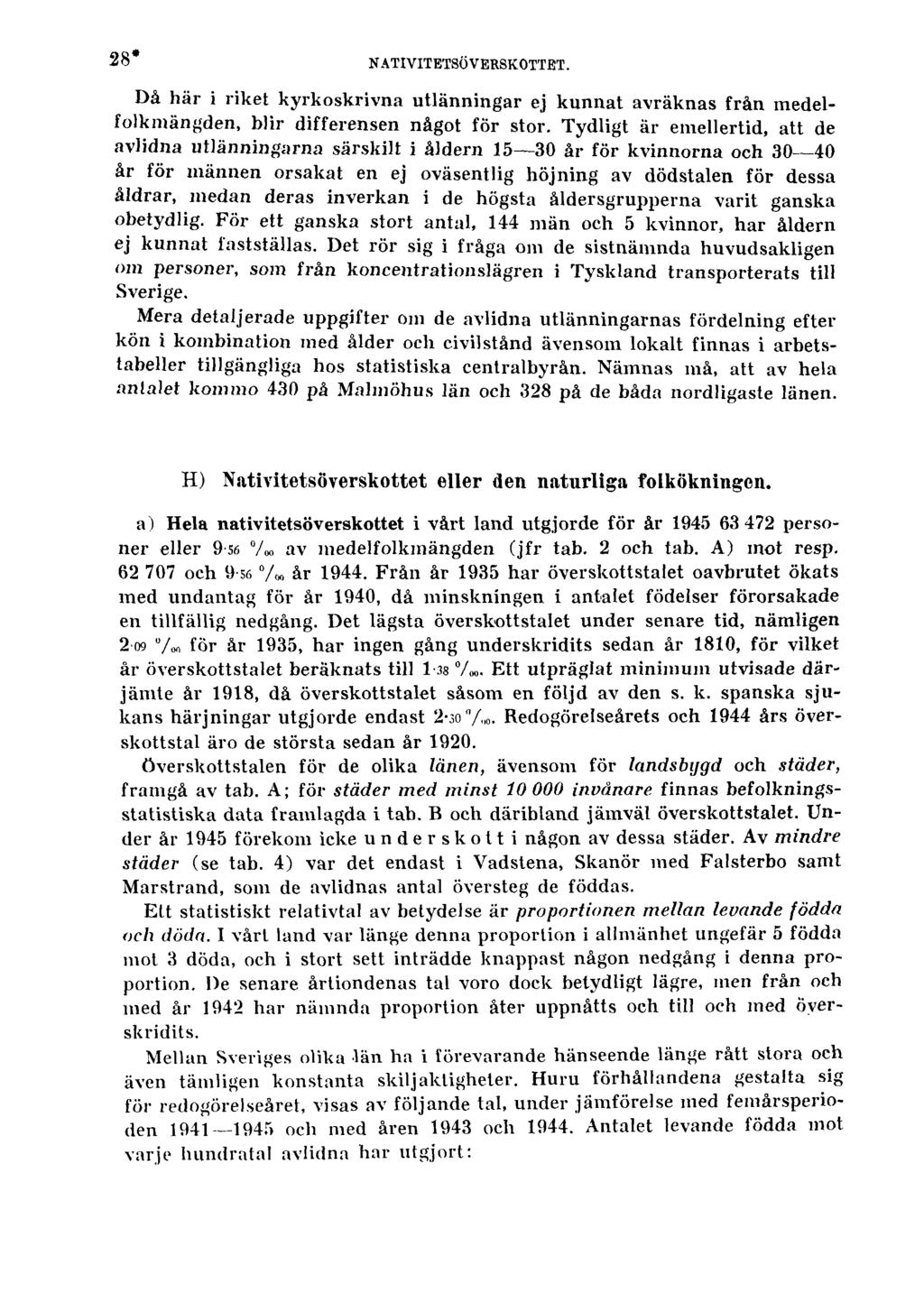 28* NATIVITETSÖVERSKOTTET. Då här i riket kyrkoskrivna utlänningar ej kunnat avräknas från medelfolkmängden, blir differensen något för stor.