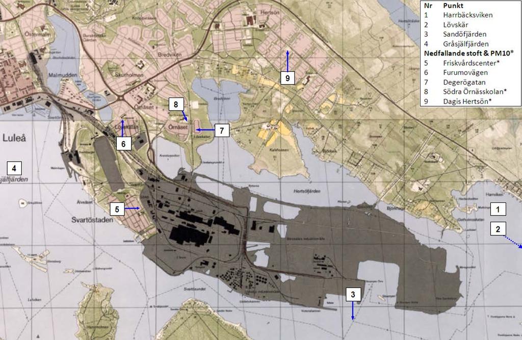 Figur 47. Mätpunkter i recipienten för vatten och nedfallande stoft 5.7.1 Vatten och bottenfauna Vattenkvalitet i recipient liksom statusen för bottenfauna kontrolleras enligt program inom det samordnade recipientkontrollprogrammet för Norrbottenskusten (SRK).
