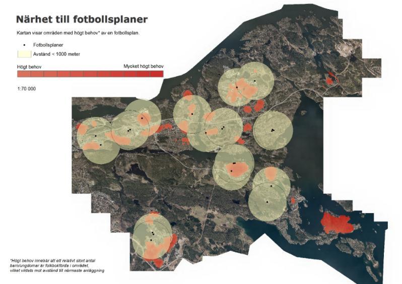 Fig. 2 Närhet 11-manna fotbollsplaner under kommunal regi utifrån barn och ungdom 5-16 år I tidigare kapacitetsutredning bedöms att samtliga stadsdelar är i behov av fler uthyrningsbara