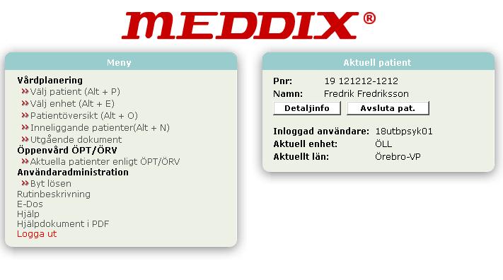 MEDDIX rubriker När du loggat in i MEDDIX kommer du till en huvudsida där det finns ett antal rubriker vars innehåll beskrivs kort här nedan. Detaljerad beskrivning kommer längre fram i manualen.