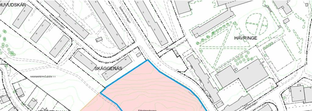 Fig.2 Planområdesgräns visas i rosa och gränsen för utredningsområdet är den blå linjen.